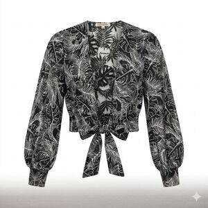 Amber Skye M Black White Tropical Mesh burnout Embroidered Tie Front Crop Top